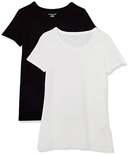 Amazon Essentials Camiseta de Manga Corta y Corte Estándar (Opciones de Cuello Redondo y Cuello en V) Mujer, Pack of 2, Blanco/Negro, XL