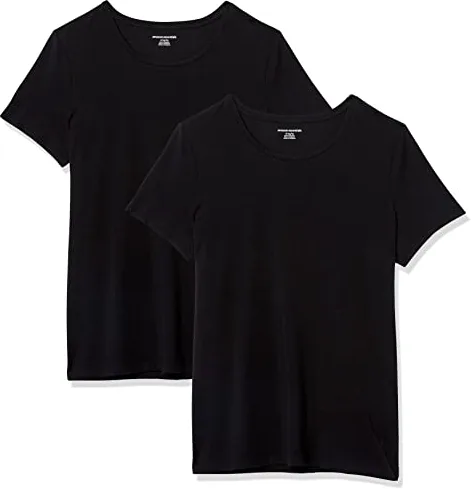 Amazon Essentials Camiseta de Manga Corta y Corte Estándar (Opciones de Cuello Redondo y Cuello en V) Mujer, Pack of 2, Negro, XL
