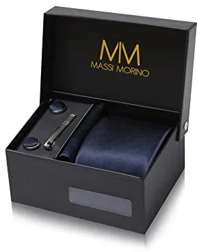 Massi Morino Corbata Azul Oscuro Cuadrado con Pañuelo | Set de Corbata para Hombre incl. Gemelos, Pasador y Caja de Regalo | Accesorios ideal para Bodas
