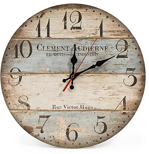 LOHAS Home 30cm Silencioso Madera Reloj de Pared Redonda Vintage Rústico Estilo Chic Números arábigos Madera Redonda Reloj de Pared Decorativo (Victor Hugo)
