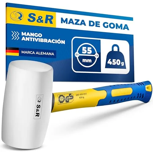S&R Marteau Caoutchouc Blanc 55mm-450 Gr. Maillet en Caoutchouc sans rebonds professionnel manche en fibre de verre antidérapant. Marteau Carreleur pour Pavés, Carrelage, Camping. Certifié GS