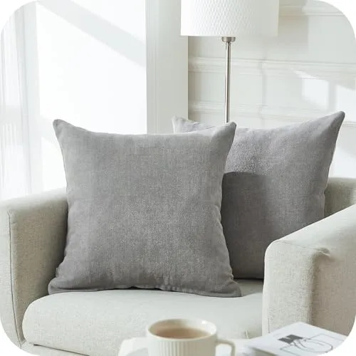Topfinel juego 2 Fundas Cojines Hogar Algodón Lino Decorativa Chenilla Almohadas Fundas de color sólido Para Sala de Estar sofás Gris 45x45cm