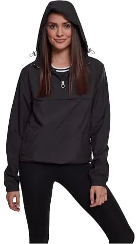 URBAN CLASSICS Sudadera básica cortavientos mujer, con capucha ajustable, bolsillo grande y cremallera frontal, cintura ajustable y bolsillos delanteros, color Negro, Talla M