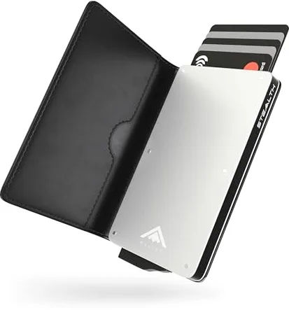 Stealth Wallet Tarjetero Hombre con Protección RFID - Cartera Tarjetero con Pop Up y Caja de Regalo - Porta Tarjetas de Crédito de Metal Delgado y Ligero (Aluminio Plateado, Cuero Negro)