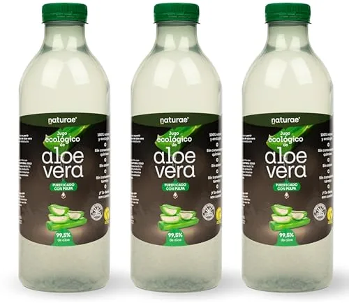 NATURAE – Jugo de Aloe Vera con Pulpa – Sin Azúcares Añadidos – Vegano– Ecológico – Pack de 3 Botellas de 1L – Fabricado en España