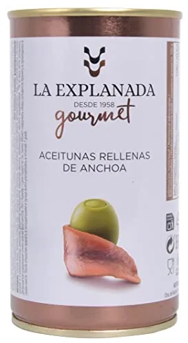Aceitunas rellenas de anchoa 350 g. La Explanada Gourmet Origen Español formato lata [PACK DE 15 UNIDADES] - Aceitunas Cazorla- Peso neto escurrido 150g