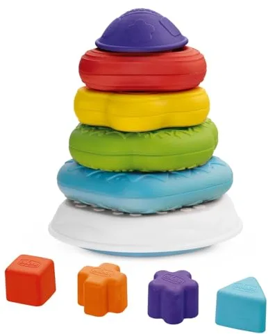 Chicco Pirámide de Anillos 2 en 1, Juguete Infanitl Apilar Anillos y Clasificar Formas, 4 Anillos de Plástico de Colores y 4 Formas Diferentes, Juego Construcción - Juguete para Niños de 6 a 36 Meses