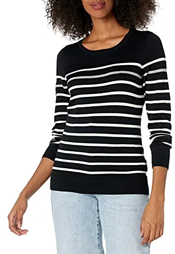 Amazon Essentials Jersey de Cuello Caja Ligero de Manga Larga (Disponible en Tallas Grandes) Mujer, Negro Gris Blanco Rayas, S