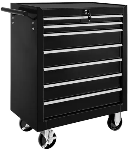 tectake ® Carrito Auxiliar con Ruedas, 7 Cajones, Revestido en Polvo, Organizador de Herramientas, Caja de Herramientas Vacía, Armario Metálico, Carro Taller, Ruedas con Freno - Negro