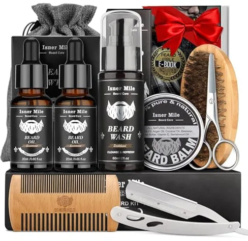 Kit Barba para Hombre, Kit Cuidado Barba Completo, Cumpleaños Navidad Set Regalos para Hombre Papá Novio con 40ML Aceites para Barba, Cepillo - Peine - Champú - Bálsamo Barba y Navaja de Afeitar