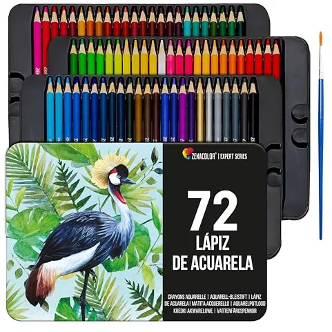 Zenacolor 72 Lapices Acuarelables Pincel y Maletin de Metal Kit de Lápices de Colores - 72 Colores Únicos - Coloreado para Adultos, Niños, Artistas Principiantes y Expertos