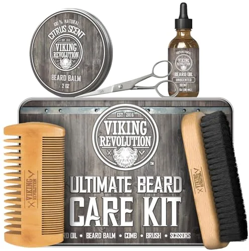 Viking Revolution Kit de Barba Para Hombre - Incluye Mena jabalí 100% cepillo, peine de madera, Barba de melisa, esencia, Tijeras de metal, caja de regalo