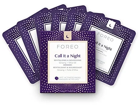 FOREO UFO Call it a Night, mascarilla facial activa para piel seca y envejecida, pack de 7, revitaliza y nutre, ginseng y aceite de oliva, cruelty free, compatible con todos los dispositivos UFO
