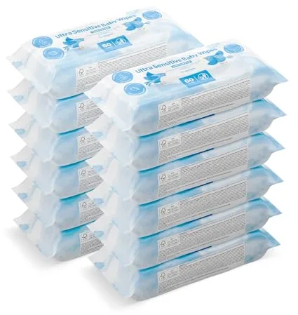 by Amazon Toallitas Húmedas Ultrasuaves para Bebés, 100% Fibras Vegetales, 99% Agua, 720 Toallitas, sin Perfume, 12 Paquetes de 60