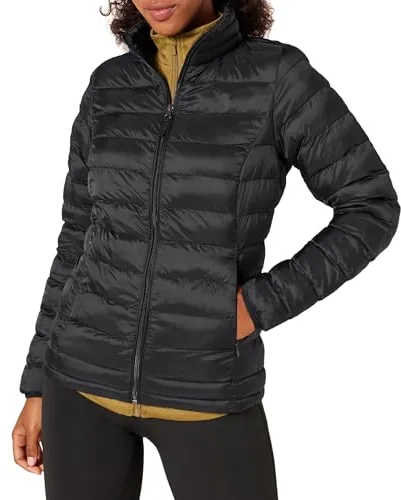 Amazon Essentials Chaqueta Acolchada Ligera de Manga Larga, Plegable, Resistente a la Lluvia (Disponible en Tallas Grandes) Mujer, Negro, L