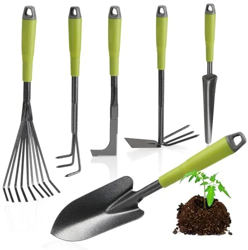 COM-FOUR® Juego de Herramientas de jardín de 6 Piezas - Juego de jardín con Azada Doble, cultivador pequeño, raspador para Juntas, rastrillo de Mano, Paleta de Flores