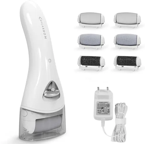 Lima elétrica de pies MYCARBON, Recargable Aparato de Pedicura Profesional, Eliminar las Durezas y las Callosidades, con Recambios (Blanco)