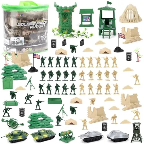 deAO Juego Militar de 100 Piezas con Soldados Miniaturas; Personajes Militares; Tanques; Aviones; Banderas; Accesorios de Transporte y Combate