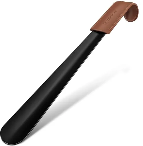 ZOMAKE Calzador de Acero Inoxidable Largo 42CM - Metalico Calzadores Largos Mango de Cuero Para Mujeres Embarazadas y Personas de La Tercera Edad(1 Pieza Negra A)