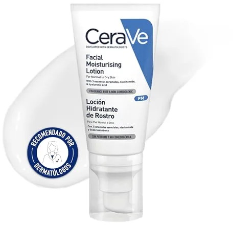 CeraVe, Loción Hidratante de Rostro PM, Para Piel Normal a Seca, Hidrata y Restaura la Barrera Protectora de la Piel, Enriquecida con Ceramidas Esenciales, Niacinamida y Ácido Hialurónico, 52ml