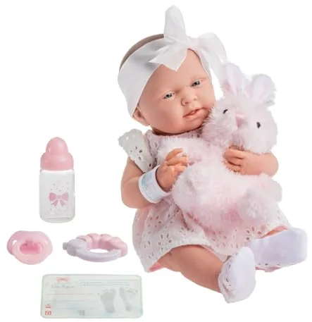 JC TOYS- Muñeca La Newborn recién Nacida de 38 cm es de Vinilo Suave, Ropa de algodón Calado y Accesorios, niña, Rosa, diseñado en España por Berenguer, 2 años