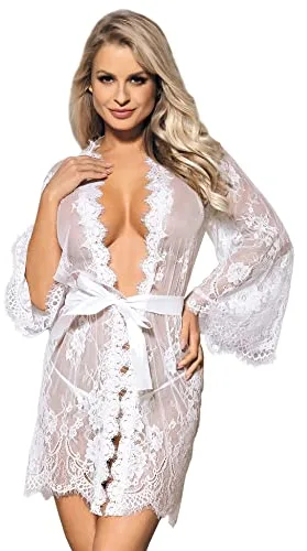 ohyeahlady Mujer Lencería Bata Transparente Talla Grande Ropa Interior Kimono Encaje para Dormir(Blanco, M-L)