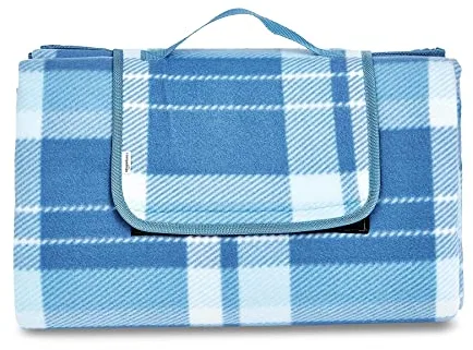 Amazon Basics Accesorio de viaje- Manta de viaje para pícnic con base impermeable, 200 x 200 cm, Blanco/Azul