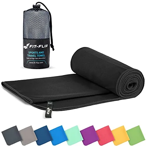 Fit-Flip Toalla Microfibra - para el Gimnasio y la Playa - compacta, Ultraligera, Grande y de Secado rápido - Toallas microfibras de Natacion, Gym, Viaje y Piscina (30x50cm Negro)