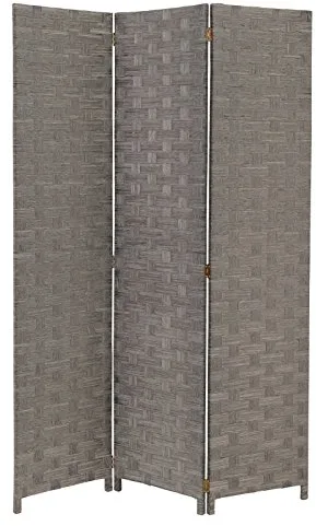 LOLAhome Biombo de 3 Paneles Plegable, Panel Divisor de Espacios de Madera y Papel Trenzado, Separador de Ambientes para Dormitorio, Salón, Oficina Gris120x175 cm