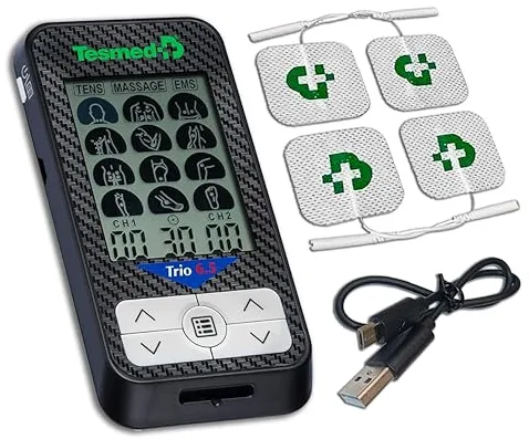 TESMED Trio 6.5: Electroestimulador Muscular Recargable - 36 Programas, 40 Niveles de Intensidad, EMS, TENS y Masaje - para aliviar el dolor muscular y fortalecer los músculo - 4 Electrodos 50x50 mm