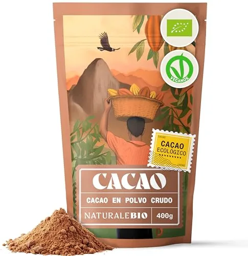 NaturaleBio Cacao Ecológico en Polvo 400g. Organic Powder. Bio, Natural y Puro producido a partir de Granos Crudos de la planta Theobroma. Sin Azúcares Añadidos. Testado para Metales Pesados.