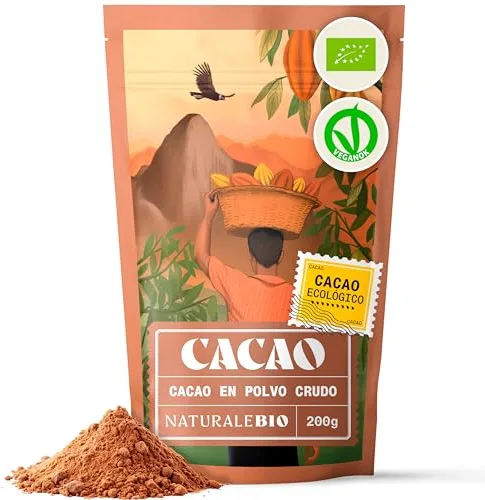 NaturaleBio Cacao Ecológico en Polvo 200g. Organic Powder. Bio, Natural y Puro producido a partir de Granos Crudos de la planta Theobroma. Sin Azúcares Añadidos. Testado para Metales Pesados.