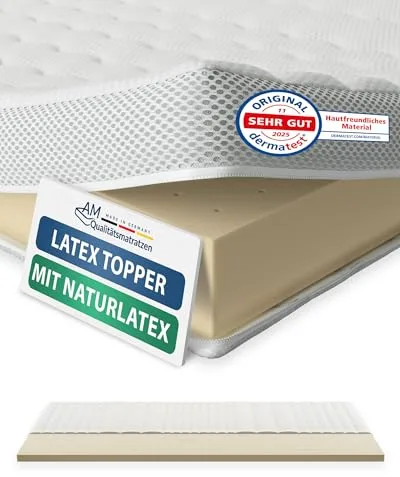 AM Qualitätsmatratzen Topper Latex Premium - Topper 90x200 Made in Germany - Sobrecolchon de látex Natural y Transpirable - 6 cm - Cubre colchon con Funda de Lyocell y función Antideslizante