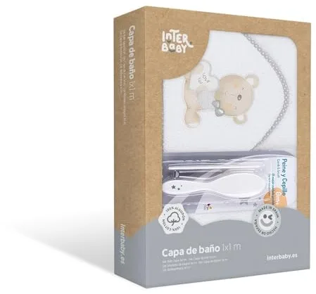 Interbaby - Capa de Baño Bebe Blanco/Gris + Peines Bebe | Toalla con Capucha 100% Algodón, 100x100cm, Unisex | Suave, Secado Rápido | Ideal Recién Nacidos, Bebes y Niños Pequeños | Diseño Love You