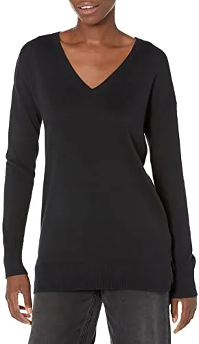 Amazon Essentials Jersey Tipo Túnica Ligero de Manga Larga y Cuello en Pico (Disponible en Tallas Grandes) Mujer, Negro, L