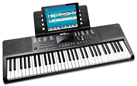 Teclado RockJam compacto de 61 teclas con soporte para partituras, fuente de alimentación, pegatinas para notas de piano y lecciones de piano simples