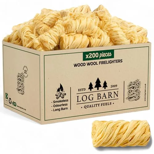 Log Barn Encendedores Naturales - Caja de 200, Pastillas de Encendido para Barbacoa, Estufas de Leña, Hornos de Pizza, Chimeneas, Lana de Madera para Encender Fuego - Auténtica Leña Log Barn