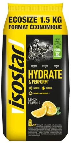 Isostar Hydrate & Perform, 1.5 kg de Bebida Electrolítica Isotónica, Bebida de reposición de hidratos de carbono y electrolitos, Sabor Limón, 37 raciones