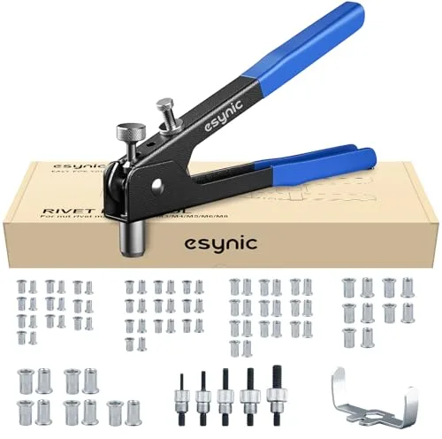 eSynic Remachadora con Remaches de 86 Piezas Pistola Remachadora Profesional con M3, M4, M5, M6, M8 Tuerca de Remache Herramienta Robusta y Ergonómica para Trabajos de Reparación