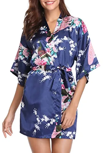 Vlazom Kimono Mujer Vestir Corto de Satén, Bata Seda Mujer de Cuello en V con Estampado Floral y de Pavo Real, Batas Novia y Dama de Honor de Manga 3/4 con Cinturón,Azul Oscuro,L