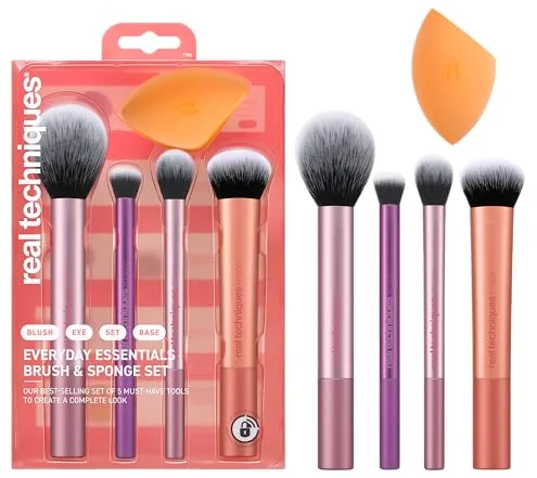 Real Techniques Kit de esponjas de maquillaje Everyday Essentials, brochas de maquillaje y esponja mezcladora de maquillaje, para base, colorete, bronceador, juego de 5 piezas