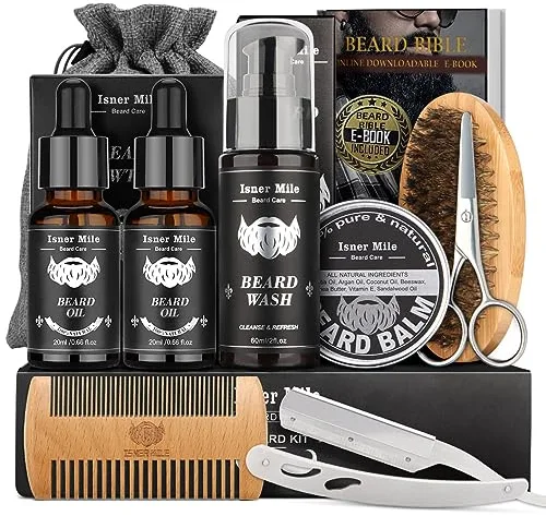 Kit Barba para Hombre, Kit Cuidado Barba Completo, Cumpleaños Navidad Set Regalos para Hombre Papá Novio con 40ML Aceites para Barba, Cepillo - Peine - Champú - Bálsamo Barba y Navaja de Afeitar