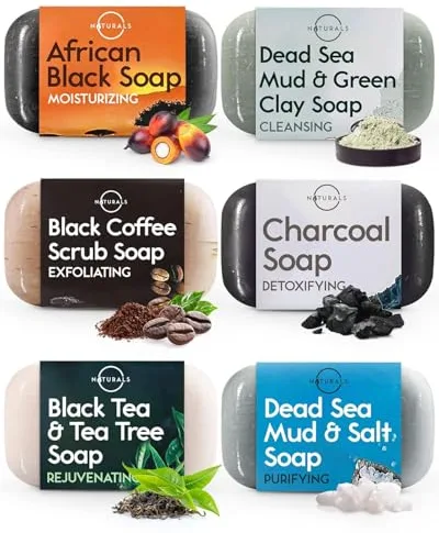 O Naturals Jabones Naturales Set de 6 Piezas - Jabones para Regalar Jabones Naturales Artesanos 100% Vegano Jabon Natural Negro con Aceites Esenciales TerapŽuticos del Mar Muerto Repara y Hidrata