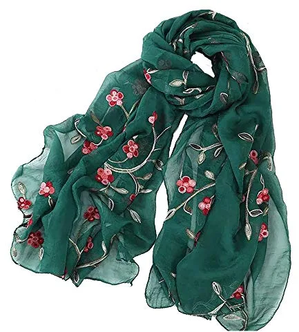 Pluto & Fox Fular De Mujer Bordado Con Flores Bufanda De Seda Diseño Retro Elegante Pañuelo cuello Estola (Verde, 75cm*175cm)