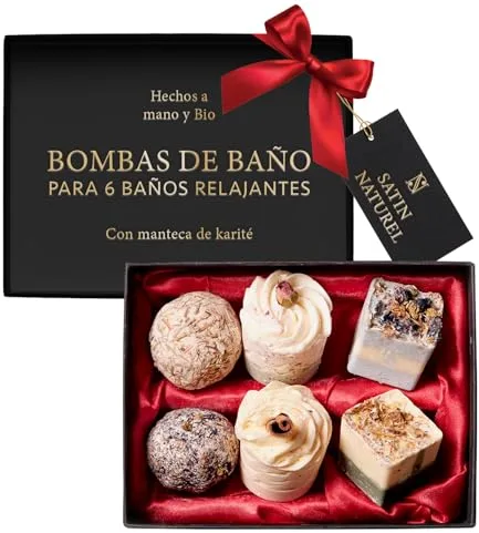 Satin Naturel Cofre 6 Bombas de Baño BIO Lujosas Veganas – Regalo Bienestar para Mujer – Bolas de Baño Premium – Idea de Regalo de Cumpleaños para Ella – Cosmética Natural