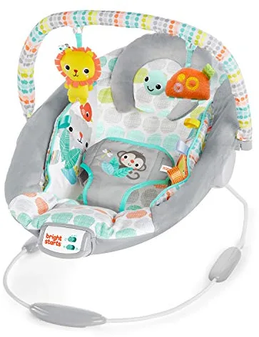 Bright Starts, Asiento Infantil Vibrador Cómodo - Taggies, Música, Barra de Juguetes Removible, 0-6 Meses Hasta 9 kg (Whimsical Wild)