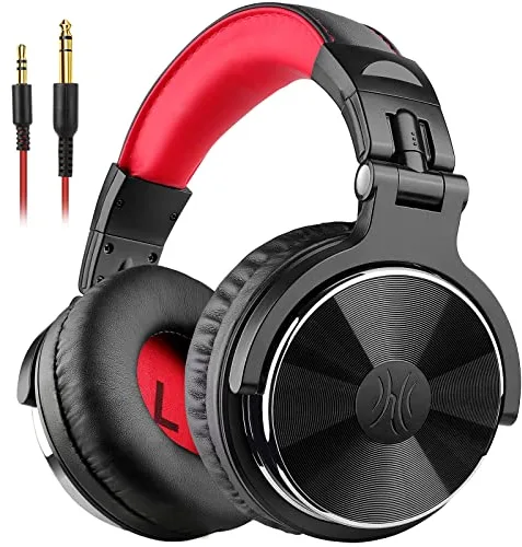 OneOdio Pro10 Auriculares DJ con Cable, Estéreo de Mezcla y Monitor de Estudio, 50mm Controladores, 3.5 y 6.35mm Conector de Audio para PC AMP Grabación de Teléfono Piano Guitarra, Rojo y Negro
