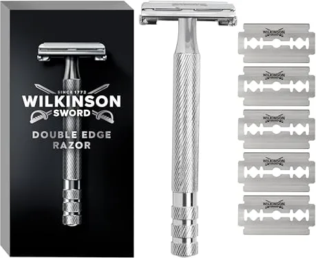 Wilkinson Sword Classic Premium - Máquina de Afeitar Vintage de Acero Cromado para Hombre + 5 Hojas de Afeitar de Doble Filo, Afeitado Clásico Manual, Gris
