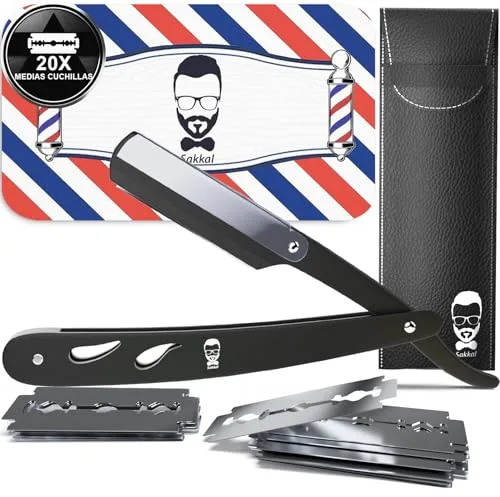 Navaja de Afeitar Hombre - Cuchilla de Afeitar de Barbero - Faca de Barbear Profesional - 20 Medias Cuchillas Dobles con Estuche de Cuero | Kit de Afeitado Clásico para Barba y Bigote