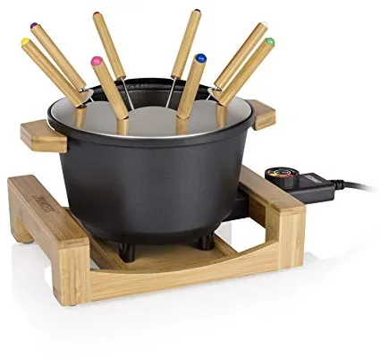 Princess 173025 Fondue Pure con carcasa de bambú y volumen de 1.5 L, adecuada para 8 personas para fondue de queso, chocolate, caldo o aceite, olla de aluminio fundido a presión, 800 W, Negro y bambú